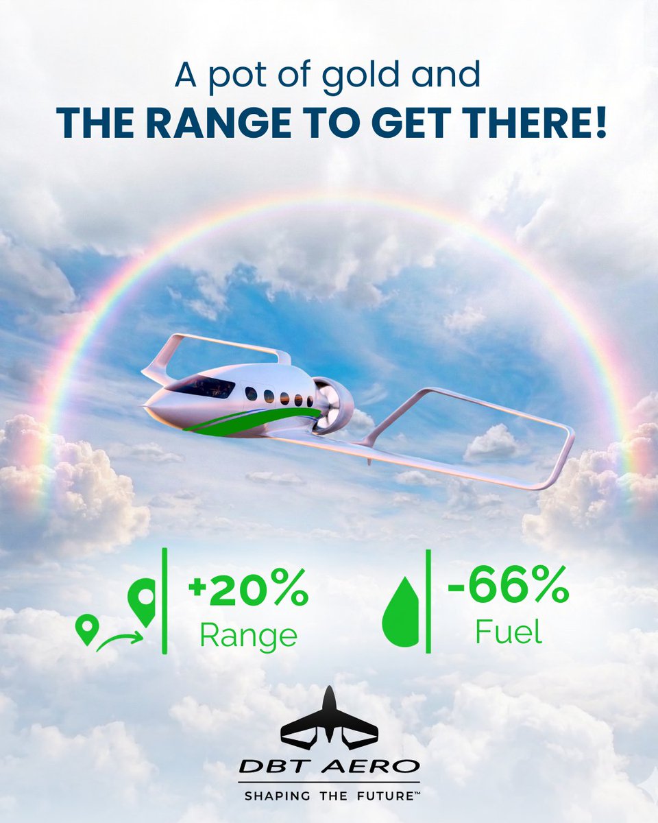 DBTAero's tweet photo. Happy St. Patrick's Day! 🍀

They say there's a pot of gold at the end of the rainbow. With DBT Aero's family of ultra-efficient aircraft, you have the range to get there.

And the best part? Safe by design — no ☘️ required.

#HappyStPatricksDay #DBTAero #FutureOfFlight https://t.co/87xdGnQ239
