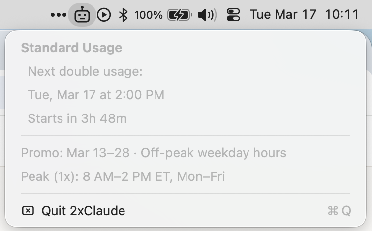pgtruesdell's tweet photo. 🔥 Claude just gave us 2x usage during off-peak hours… but it’s only until March 27. 

So I built a tiny macOS menubar widget: the Claude robot icon turns bright green when it’s 2x time.

Never miss the 2x window again → https://t.co/oryxT3ZEFa https://t.co/h7YmKoXrwH