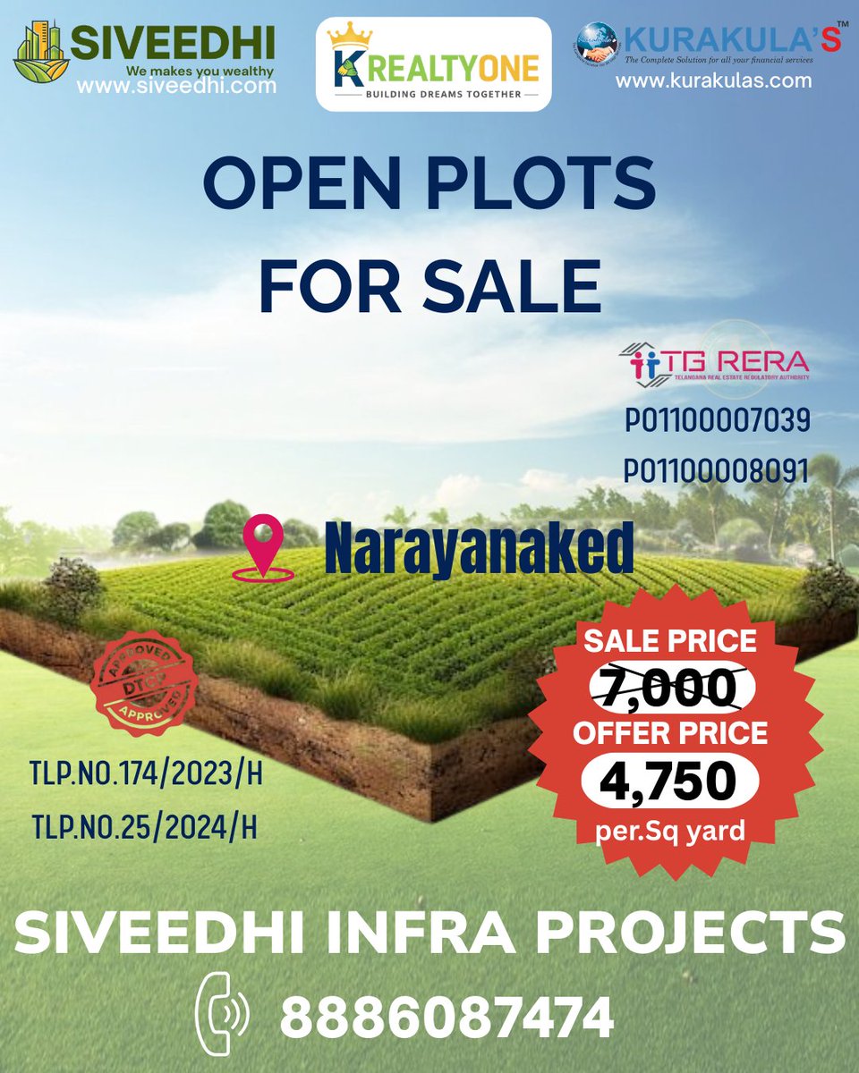 krealtyone's tweet image. Open Plots for Sale in Narayanaked!

✅ DTCP Approved
✅ TG RERA Approved
💰 Offer Price: ₹4,750/sq. yard (Limited Time!)
📍 Prime Location | Great Investment Opportunity
📞 Call Now: 8886087474

#OpenPlots #RealEstate #LandForSale #Investment #Narayanaked #DTCP #RERA