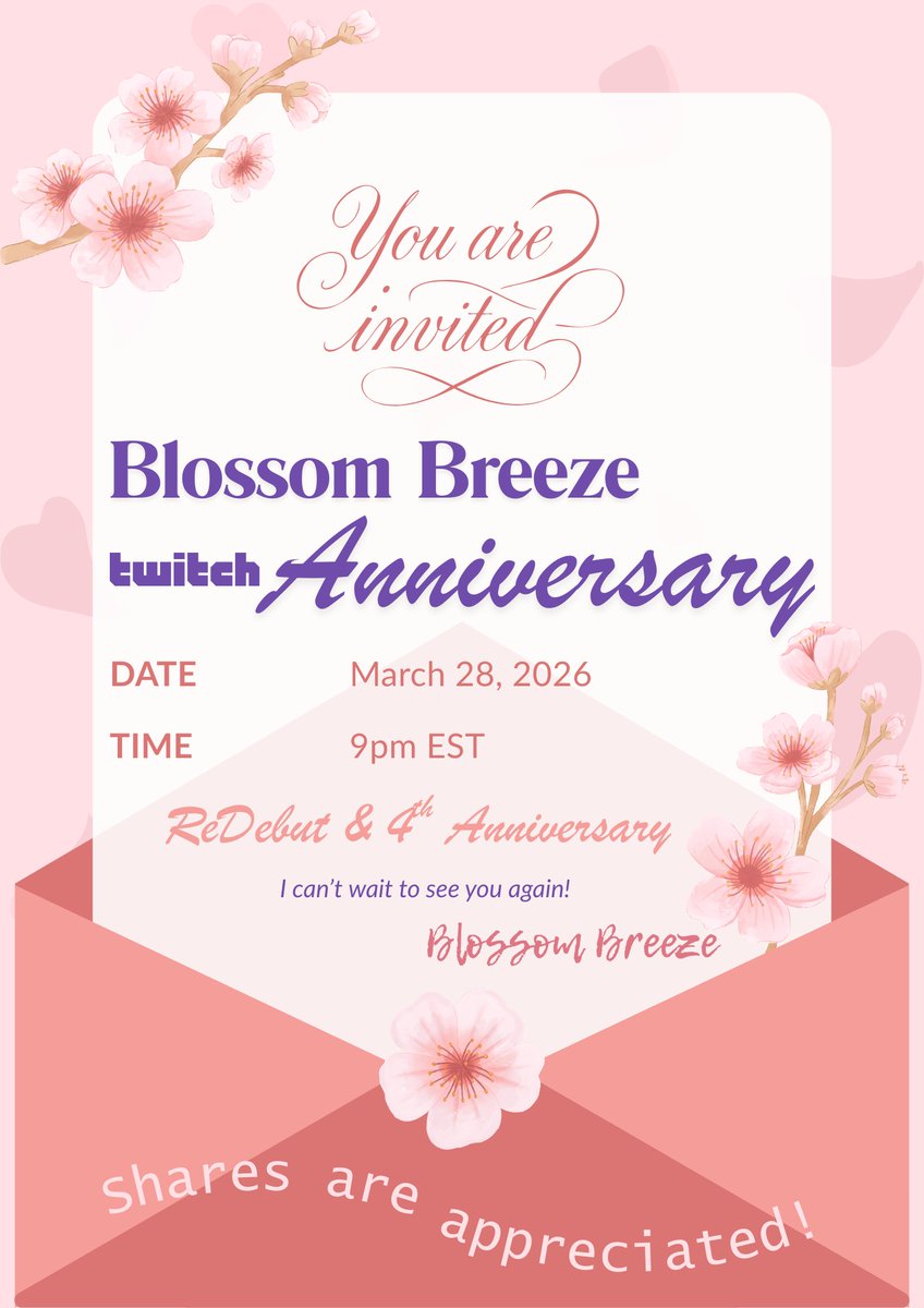 helloitsblossom's tweet photo. I MADE INVITATIONS!!! 🌸 ...which means this is serious now 🫨

✨ March 28 🌸 9pm EST ✨
My Twitch Redebut &amp; 4th Anniversary

🌸 cozy streams
🌸 chaotic giggles
🌸 magical girl energy

Come celebrate with me!!💗
Shares Appreciated, Sparkles Guaranteed ✨ https://t.co/lLEgMShbhu