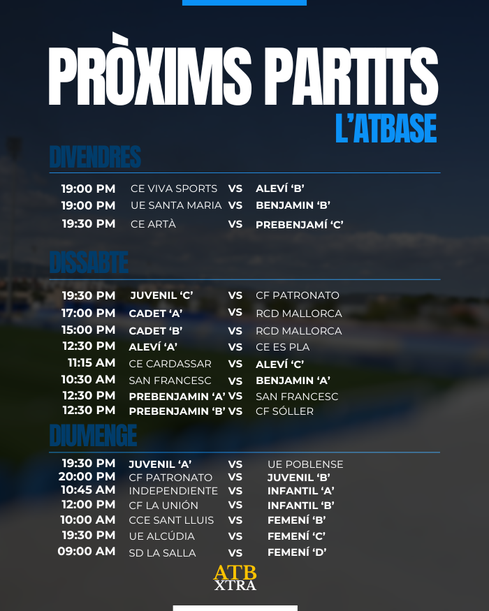 ATBxtra's tweet photo. ℹ️ Els partits de l'#ATBase de l'@atleticbalears per aquest cap de setmana.

⚔️ El Juvenil 'A' i el Femení 'B' disputaran els seus partits diumenge dia 22 a les 19:30 i 10:00, respectivament.

🤍💙 Molta sort a tots els equips de la base balearica! https://t.co/2RHq3TleeC