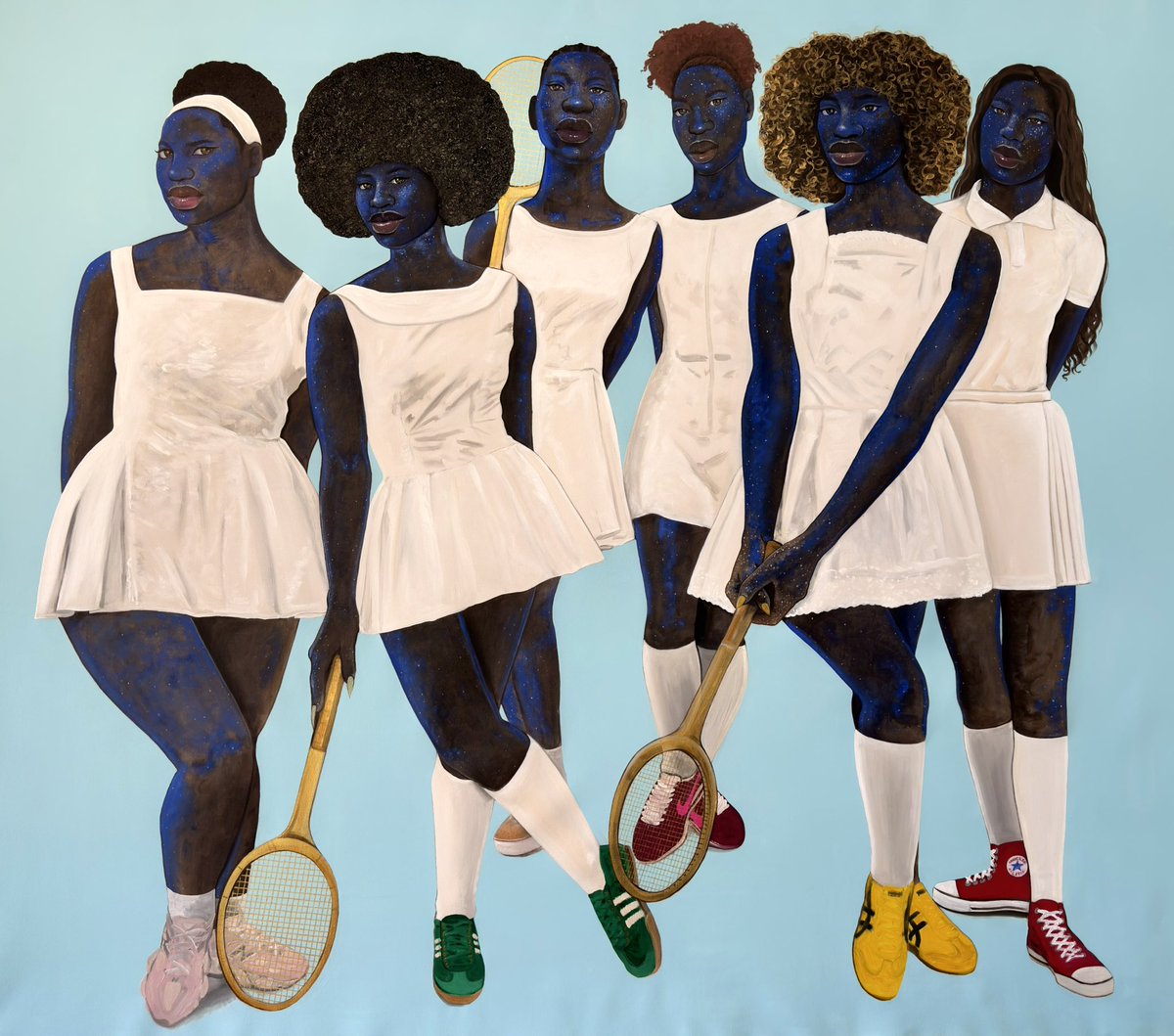 Tenistas, 2026.

Tinta acrílica, giz pastel permanente e pasta metálica sobre a tela. 190x220cm.
.

Tennis Players, 2026. Acrylic paint, permanent pastel chalk and metallic paste on canvas. 74,8x86,6 inches.