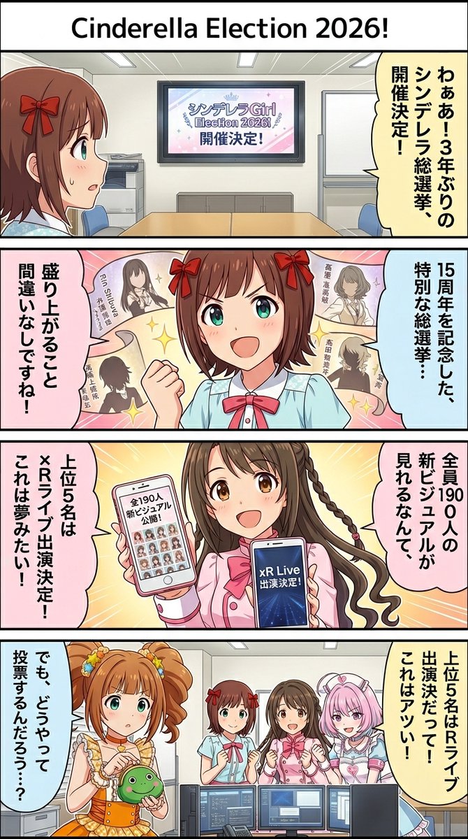 news2ch5's tweet photo. #生成漫画AI  

バンダイナムコエンターテインメントは『アイドルマスター シンデレラガールズ』の15周年を記念し、2026年8月に約3年ぶりの「15th Anniversary シンデレラガール総選挙2026」をWEB投票形式で開催することを発表しました。上位5名のアイドルはxRライブへの出演が決定し、総選挙を https://t.co/avPA61yAqi