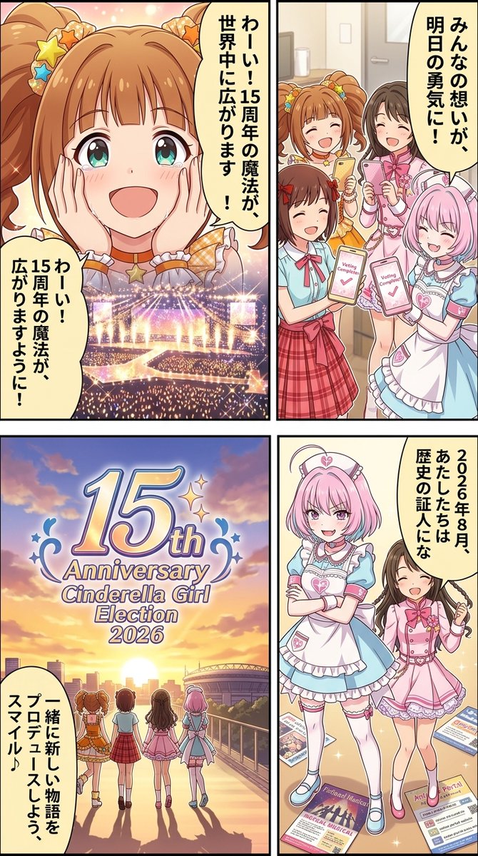 news2ch5's tweet photo. #生成漫画AI  

バンダイナムコエンターテインメントは『アイドルマスター シンデレラガールズ』の15周年を記念し、2026年8月に約3年ぶりの「15th Anniversary シンデレラガール総選挙2026」をWEB投票形式で開催することを発表しました。上位5名のアイドルはxRライブへの出演が決定し、総選挙を https://t.co/avPA61yAqi