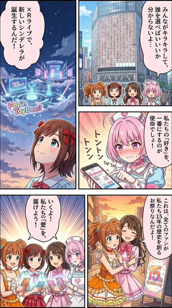 news2ch5's tweet photo. #生成漫画AI  

バンダイナムコエンターテインメントは『アイドルマスター シンデレラガールズ』の15周年を記念し、2026年8月に約3年ぶりの「15th Anniversary シンデレラガール総選挙2026」をWEB投票形式で開催することを発表しました。上位5名のアイドルはxRライブへの出演が決定し、総選挙を https://t.co/avPA61yAqi