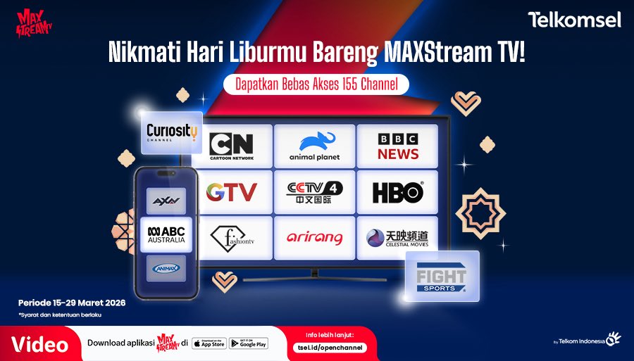 SIMPATI's tweet photo. Isi hari liburmu dengan tontonan seru di MAXStream TV!
Spesial periode 15–29 Maret 2026, kamu bisa bebas akses hingga 155 channel lho!
Download MAXStream TV sekarang, lalu login di https://t.co/9ii7rKbyqx #LokalMAXSimal #MAXStreamTV
Info lengkap: https://t.co/ICnwakPBUO https://t.co/cU2OeDgMZR