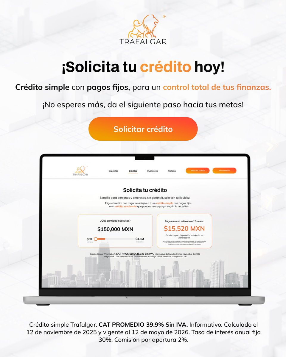 TrafalgarMex's tweet photo. En TRAFALGAR sabemos que tu negocio no puede esperar ⏳
Obtén el financiamiento que necesitas con pagos claros y sin sorpresas.
Impulsa tu operación, invierte y sigue creciendo.
Menos complicaciones, más crecimiento.
Solicítalo hoy.
#Emprender #PyMEsMéxico #Finanzas #Crédito https://t.co/NMNiP4SlO8