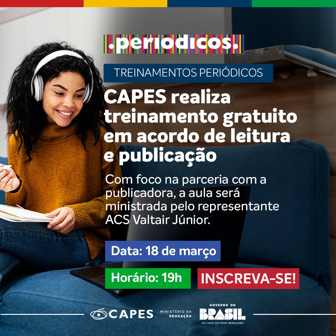 Em mais um treinamento gratuito, a CAPES promove o acordo de leitura e publicação com a ACS. 
Inscreva-se e aguarde a confirmação por e-mail, com o link para acesso e o certificado após a conclusão. Acesse: capes.gov.br/NzuVH e participe!