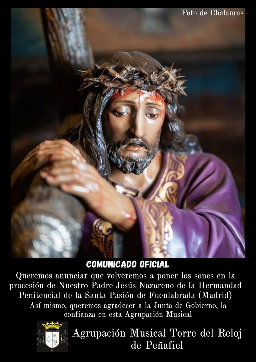 En la tarde del Miércoles Santo acompañaremos musicalmente🎵 la procesión de Nuestro Padre Jesús Nazareno de la Hermandad Penitencial de la Santa Pasión de Fuenlabrada (Madrid).

#XIVAniversario
#AMTorreDelReloj2026