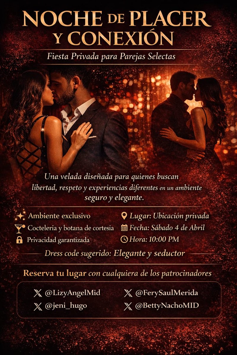 Quieres vivir una noche de placer, seduccion y sensualidad? Este es el lugar perfecto para tener esa noche regresando a la esencia swinger; ven y disfruta con nostros.

Aparta tu lugar😈 Info al DM
Sabado 4 de abril a las 10pm
CUPO LIMITADO