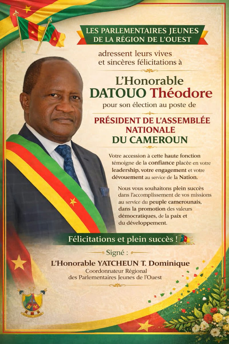 yatcheun's tweet photo. Message de félicitations des parlementaires jeunes de l'Ouest au nouveau président de l'Assemblée Nationale du Cameroun le désormais Très honorable DATOUO THÉODORE. https://t.co/uDDljkf03q