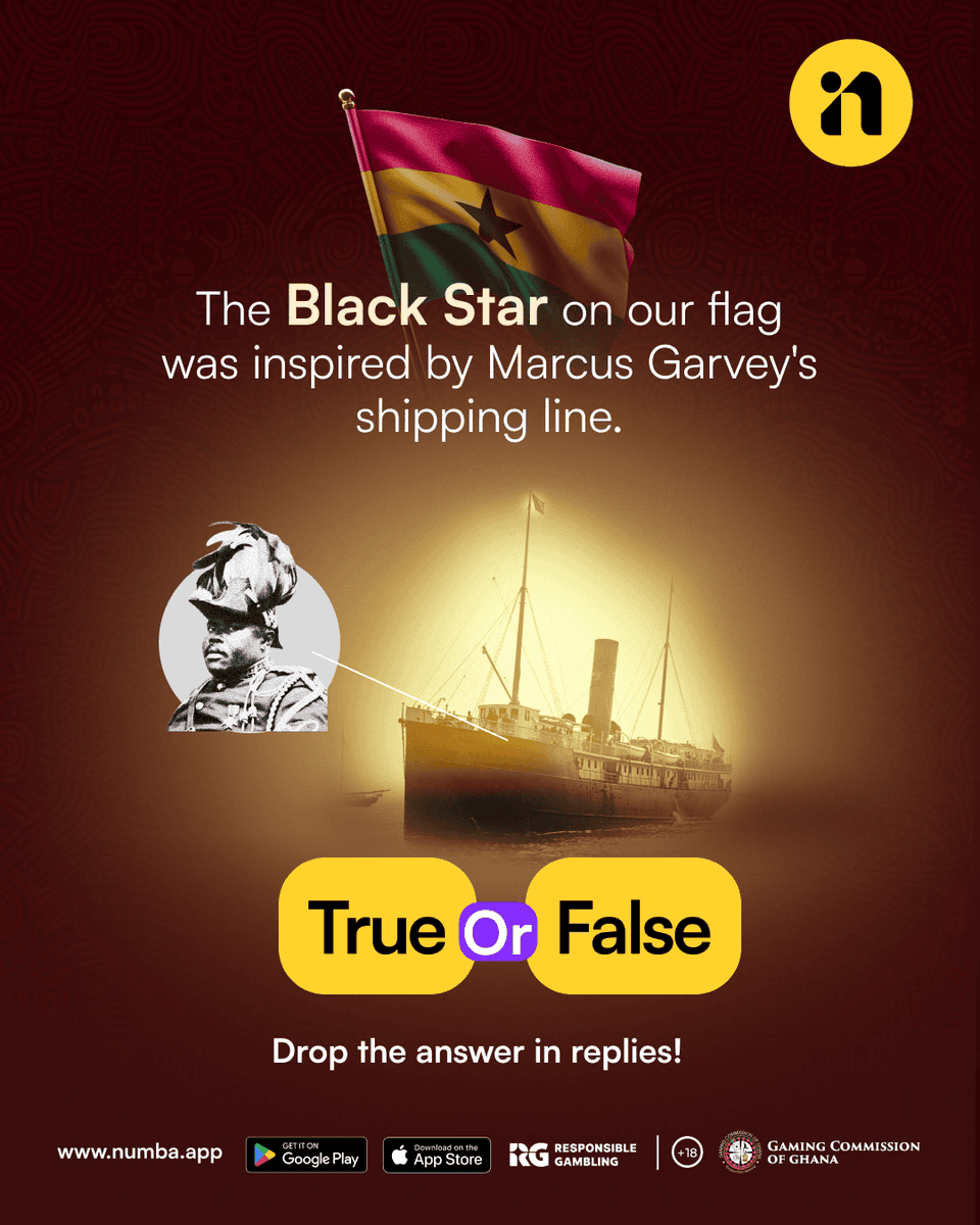 Numbagh's tweet photo. Pop quiz for the culture! 🇬🇭📚

The Black Star on the Ghana flag was inspired by Marcus Garvey’s Black Star Line.

TRUE or FALSE?

Drop your answer below! 👇

#Ghana #XtraCovaByOPay #MarcusGarvey #Torcherii #PerfectMatchXtra #nigeria https://t.co/Jr40n1ycNC