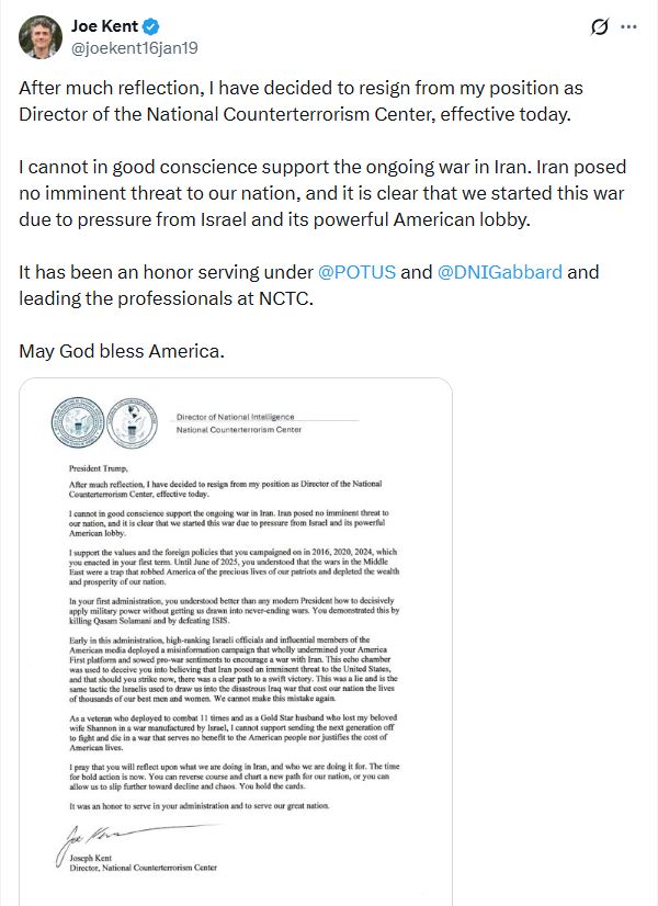 Armaiss's tweet image. مدیر مرکز مبارزه با تروریسم آمریکا گفته ایران تهدیدی برای ما نبود و من نمیتونم با وجدان راحت از جنگ ایران حمایت کنم و به همین خاطر استعفا میدم
بعد اون وطن‌فروش بی‌شرف داره رو خون هموطنش می‌رقصه و از ترامپ تشکر می‌کنه!
تف به شرف نداشته‌تون