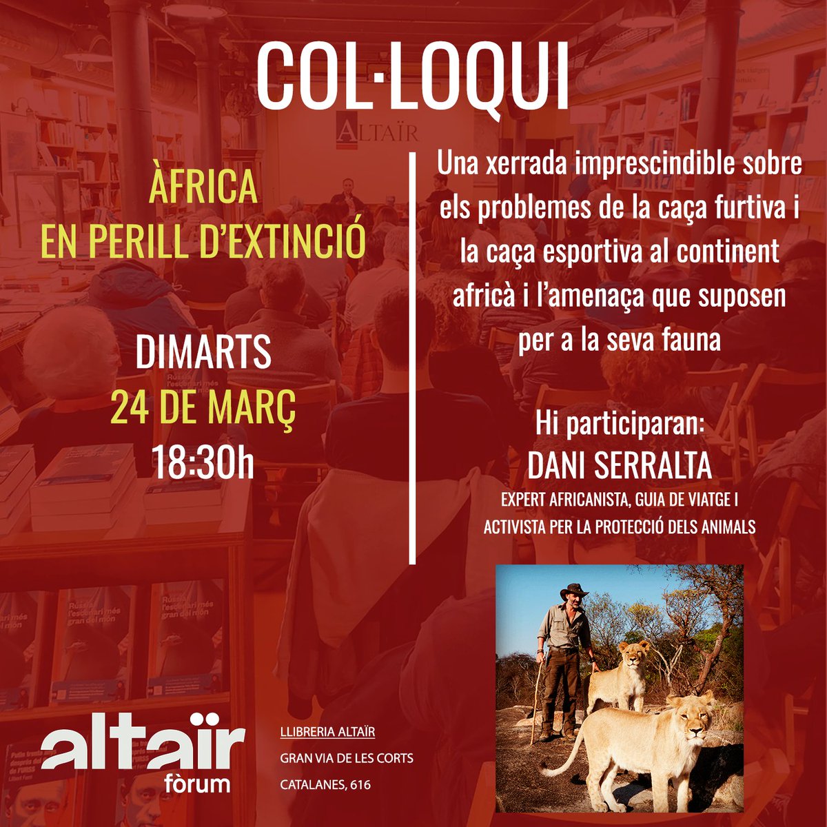 altairviatges's tweet photo. Dimarts que ve al Fòrum tindrà lloc una xerrada a càrrec de @daniserralta sobre la caça furtiva a l'Àfrica i el greu perill d'extinció en el qual es troben moltes espècies animals al continent. Imprescindible!

🗣️ Tota la informació: https://t.co/EEmqoK0Jzo https://t.co/PqYbJDYjfP