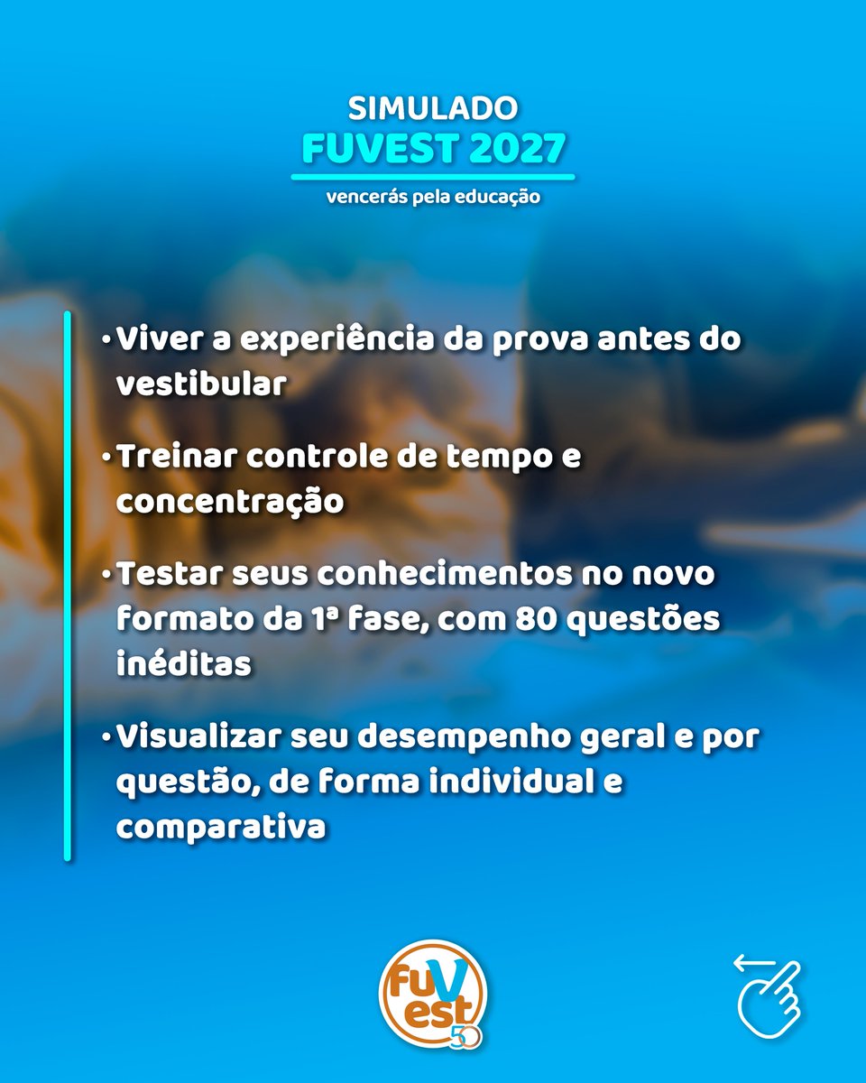 fuvest's tweet photo. Simulado FUVEST 2027 – Inscrições ainda abertas
O Simulado da 1ª Fase da FUVEST 2027 é uma oportunidade de colocar a sua preparação em prática antes do vestibular.
(+)
#fuvest #usp #simulado #simuladofuvest #fuvest2027 https://t.co/n0KXIuOQEc