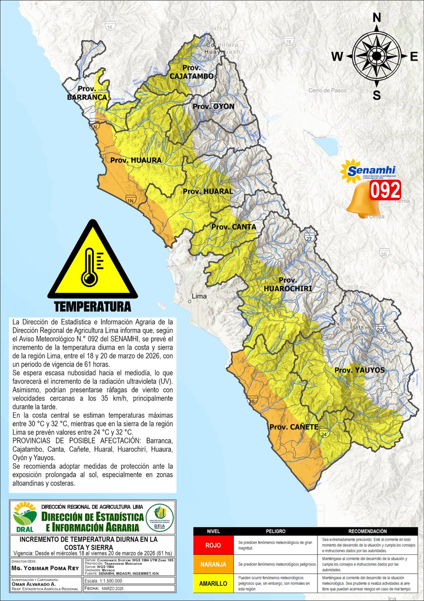 deia_dral's tweet photo. #SENAMHI – Aviso Meteorológico N.° 092

Del 18 al 20 de marzo se prevé incremento de la temperatura diurna en la costa y sierra de la región Lima.

Temperaturas entre 30 °C y 32 °C en la costa central y entre 24 °C y 32 °C en la sierra. https://t.co/8WHpejyBOd