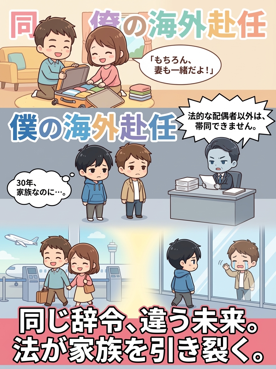 同性婚のない国の、海外赴任。

同僚に海外赴任の辞令が出た。
「もちろん、奥さんも一緒に行くよ」
彼は嬉しそうに荷造りの話をしていた。

翌週、僕にも同じ辞令が出た。
人事に「パートナーを帯同できますか」と聞いた。

「法的な配偶者の方であれば、お手続きできます」