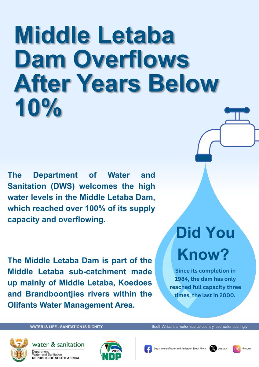 DWS_RSA's tweet image. Middle Letaba Dam reaches 105% capacity, marking a significant improvement in water availability for surrounding communities. 
#DWS #WaterIsLife #WaterSecuritySA