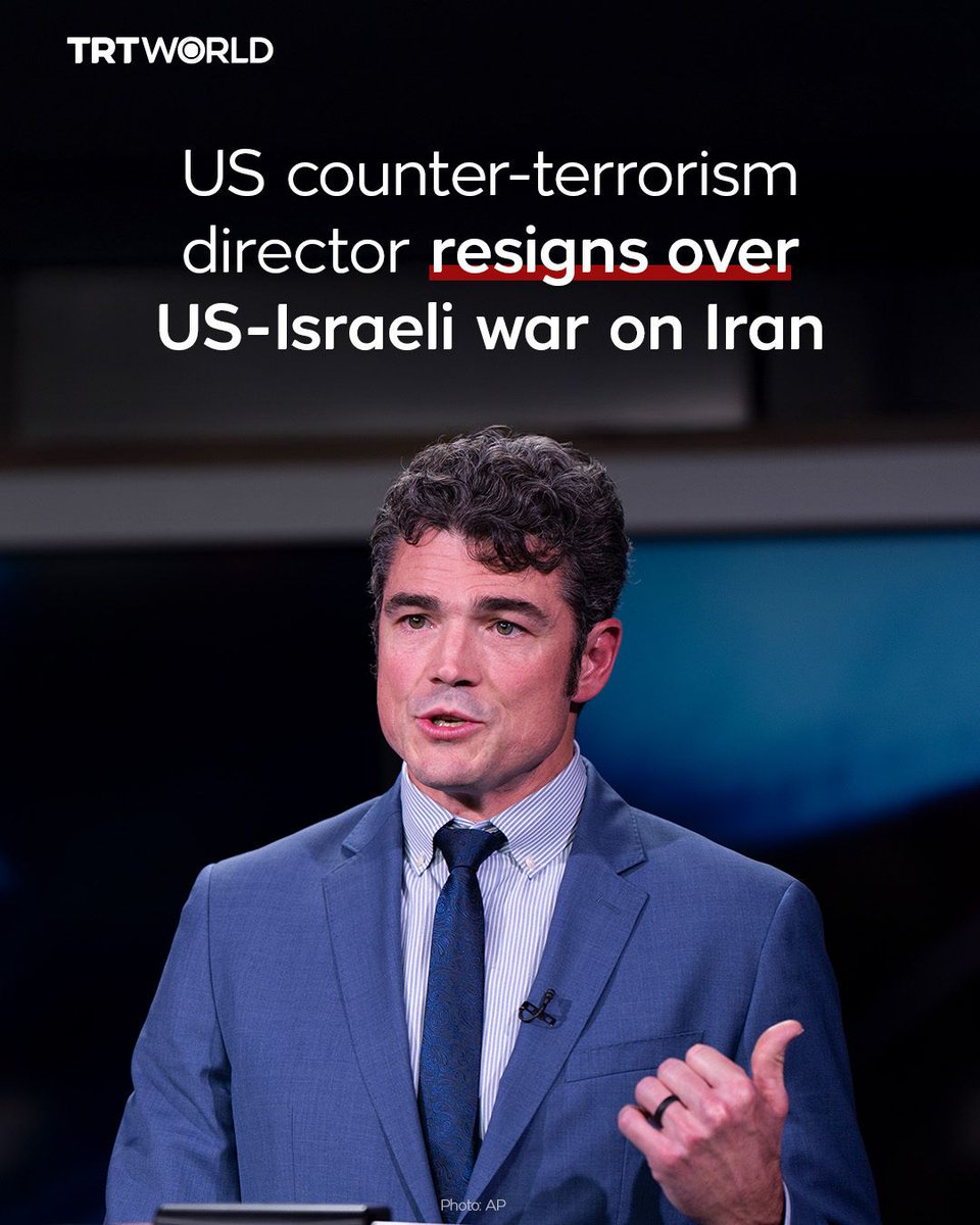 trtworld's tweet image. US National Counterterrorism Centre director Joe Kent has resigned in protest against the Trump administration’s war in Iran. In his resignation letter, the high-ranking official stated he "cannot in good conscience" support a conflict he says was initiated due to pressure from