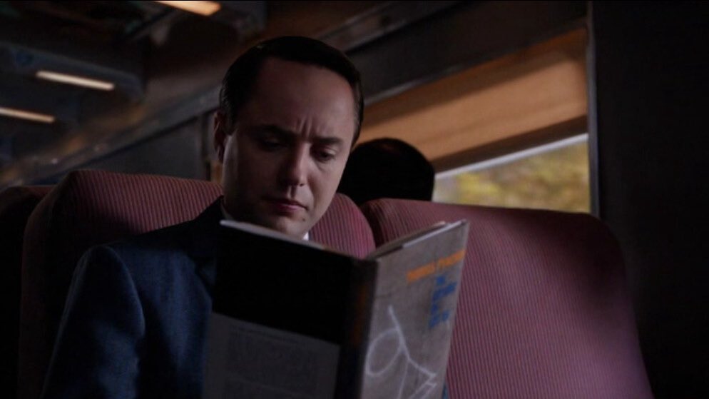 gracecamille_'s tweet image. Don Draper reading Portnoy’s Complaint 
Pete Campbell reading Crying of Lot 49