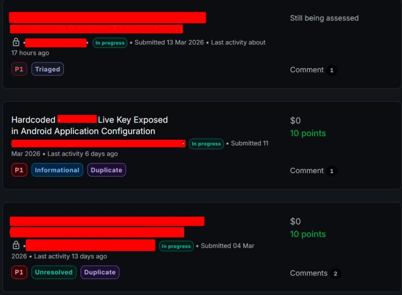 mohamedashraf_w's tweet photo. 3 high-severity finds:
2 P1s are duplicates, 1 P1 finally in triage.
#Bugcrowd #HackerOne #Synack #YesWeHack #Intigriti #OpenBugBounty #Zerocopter #Hacktrophy #Cobalt #CyberSecPlatforms #MobileSecurity https://t.co/8o70amcKhu
