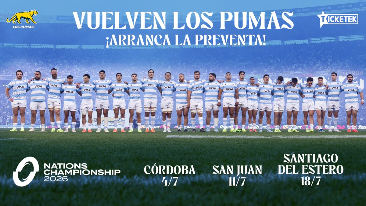 ¡Arrancó la preventa para ver a Los Pumas en casa! 🇦🇷
 
🏆 Nations Championship
📍 Córdoba, San Juan y Santiago del Estero
🎟️ Exclusivo a través de Ticketek
ticketek.com.ar/pumas

¡Qué ganas de volvernos a encontrar! 🥹