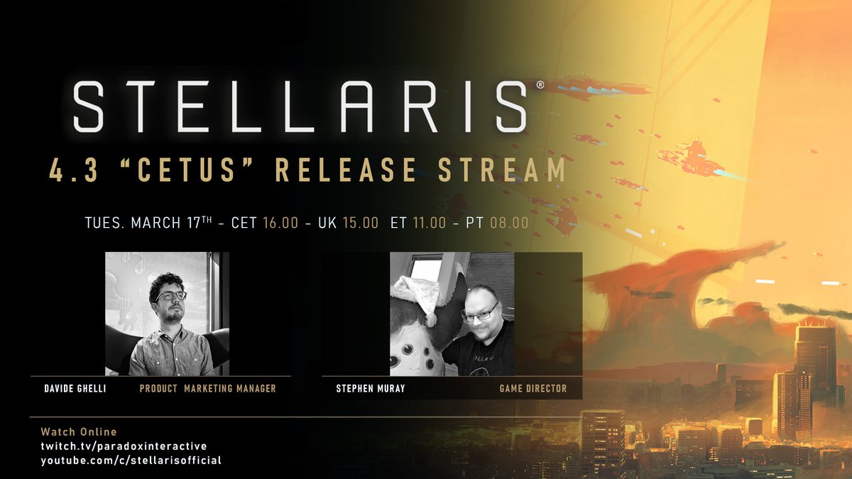 StellarisGame's tweet photo. It's 4.3 Release Day! Settle in with Game Director Eladrin and Marketing Manager Davide as they fire up a game and answer your questions.   

📺 : https://t.co/pH0Bm6528R | https://t.co/lBiUcgLvE5 https://t.co/UYFoel3DuW