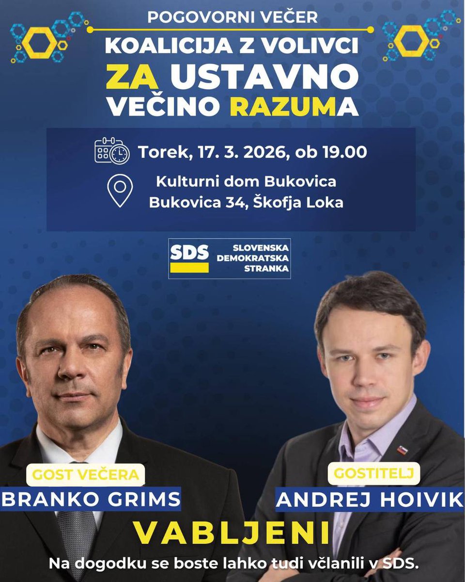 BrankoGrimsX1's tweet photo. Lepo vabljeni danes, v torek 17. 03. 2026 ob 19.00 uri v Kulturni dom Bukovica, Bukovica 34; pri Škofji Loki (smer Železniki)! 🇸🇮 https://t.co/MxjtLKj2AB