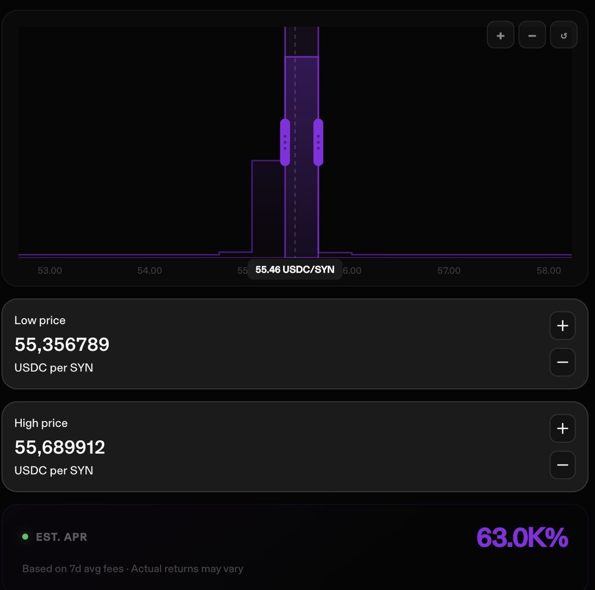 We’ve just upgraded the liquidity add page.

You can now see the estimated APR in real-time based on your selected liquidity range.

SYN / USDC on <a href="/arc/">Arc</a> reaching up to 63K% APR 👀
