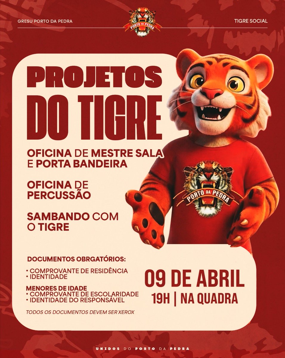 Quem tava com saudade das oficinas? 

A espera acabou! Dia 09/04, às 19h, tem encontro na nossa quadra! 

Vai ter MS e PB, percussão e muito samba no pé com o Sambando com o Tigre! 💃🥁

A partir de 4 anos
Toda quinta-feira
Roupa leve + tênis

📍 Tv. João Silva, 84