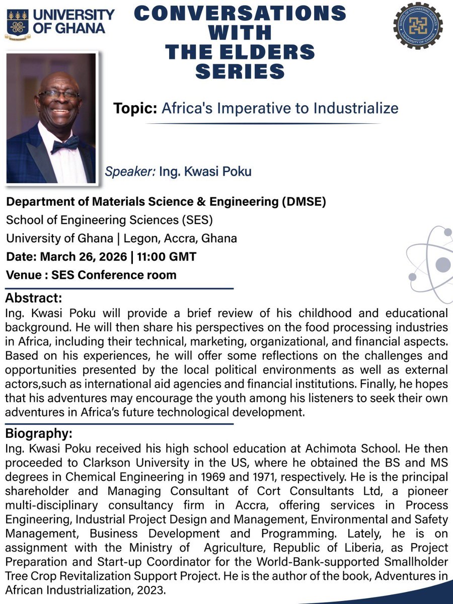 Ing. Kwasi Poku will be given a conversation with the students on 

📅March 26, 2026 at 
🕙11: 00 PM. 

He will provide a brief review of his childhood and educational background…