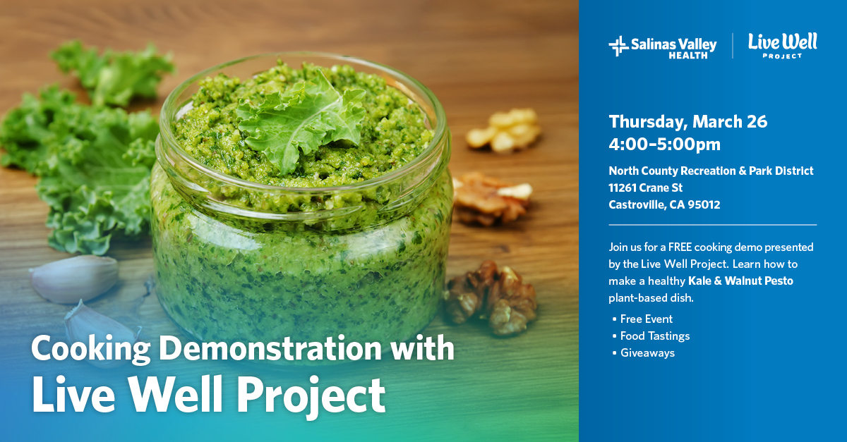 Salinasvhealth's tweet image. Looking to add more healthy, plant-based meals to your routine? Join our Live Well Project for a free cooking demonstration and learn how to make a flavorful Kale &amp;amp; Walnut Pesto.

#LiveWell #healthyliving #plantbased #communityhealth #SalinasValleyHealth
