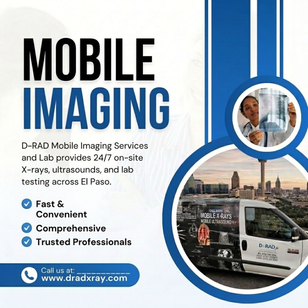 DRADMOBILE's tweet image. D-RAD Mobile Imaging Services and Lab provides 24/7 on-site X-rays, ultrasounds, and lab testing across El Paso. Call us at: (915) 500-5808. dradxray.com #ElPasoTX #MobileXRay #Ultrasound #LabTesting #HomeHealthCare