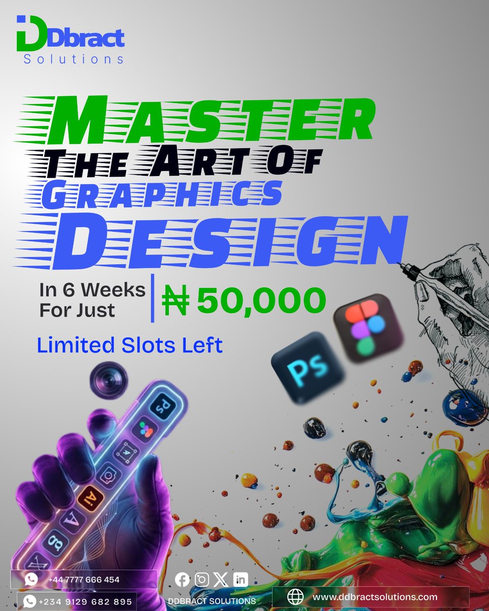 ddbract_com's tweet image. 🎨 Learn Graphic Design in 6 weeks!

Canva, Photoshop &amp;amp; more
₦50,000 | Virtual 
Perfect for beginners

⚠️ Limited spots + early discount
DM or link in bio to register
For more info on our Trainings: ddbractsolutions.com/training-servi…
#GraphicDesign #LearnDesign #DDBRACT