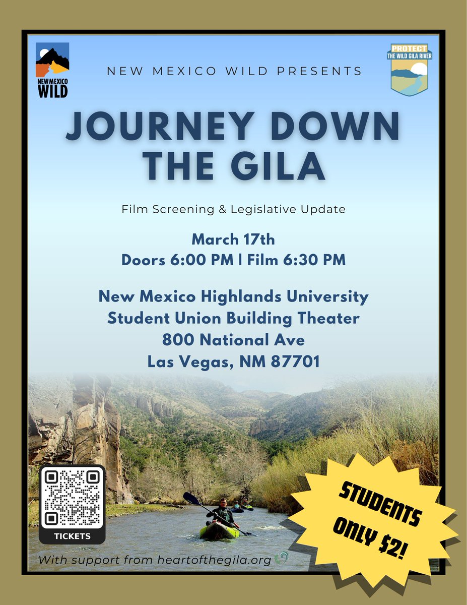 NMFWRI's tweet photo. Tonight at the Highlands University Student Center theater: Journey Down the Gila. A film by David Garcia about a devastating loss and a healing trip down an iconic New Mexico river. https://t.co/U9DTPXpjYl