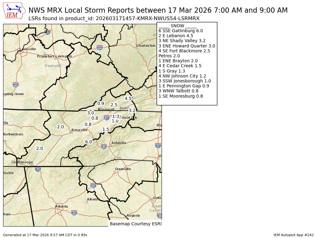 At 7:00 AM EDT, Petros [Morgan Co, TN] Cocorahs reports Snow of 2.00 Inch. Cocorahs station TN-MG-3 Petros. #tnwx mesonet.agron.iastate.edu/lsr/?by=wfo&wf…