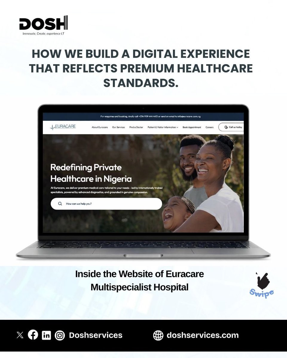 doshservices's tweet photo. Before patients walk into your hospital, they’ve already visited your website.
What did yours say?

We built a seamless, trust-driven experience for Euracare Multispecialist Hospital Lagos.

Yours can do the same.

Send a Dm Let’s talk.
#Healthcare #UXDesign #HealthTech https://t.co/Va07dJ0dPF