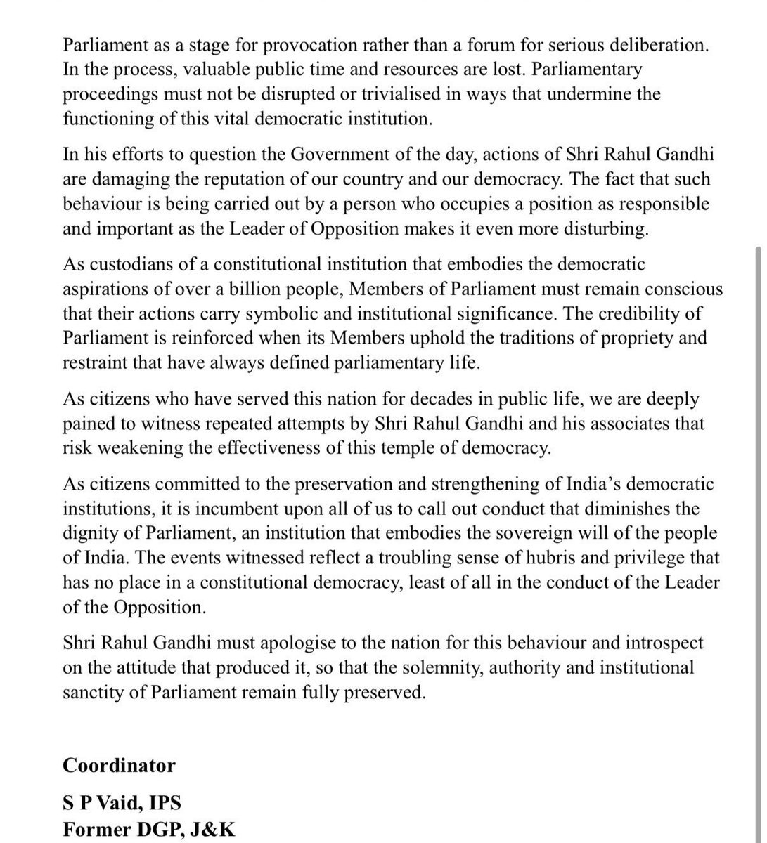 84 eminent voices, 
ex-bureaucrats and senior lawyers are outraged!!!

Not over unemployment.
Not over inflation.
Not over threats to democracy.

But because LoP Shri Rahul Gandhi had tea and biscuits on Parliament steps during a protest.

This isn’t concern, it’s desperation to