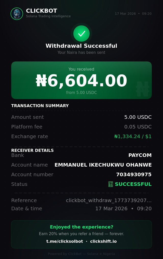 emmanuel_ohanwe's tweet photo. Goodnews!!!
Just by owning some #SOL, you can now trade BTC, ETH, BNB in #Clickbot & move your profit to your local bank on the same chat interface.
The goal is simple:
Make money on #Solana
Move it to your local bank.
What are you waiting for? Visit https://t.co/IvCLv5rXza https://t.co/oRLZS9ANLS