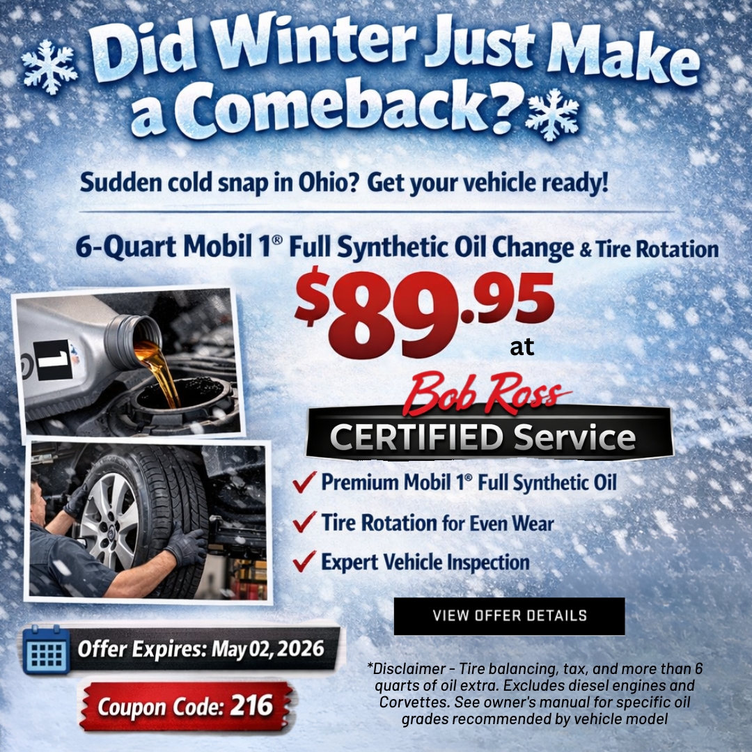 ❄️ Winter's back! Protect your ride with a 6-Quart Mobil 1® Oil Change &amp; Tire Rotation for $89.95 at Bob Ross Certified Service. 📅 Limited offer! 🎟 Code: 216 ➡️ ow.ly/M57K50Yv1Nw You're the Boss with Ross! 🚗