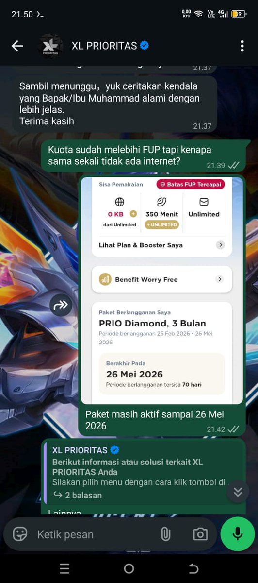 IlmaAdzim's tweet photo. @myXLCare kenapa XLPrioritas setelah FUP tercapai malah tidak ada internet sama sekali padahal masa langganan masih 70 hari lagi? https://t.co/FPmZschNZt