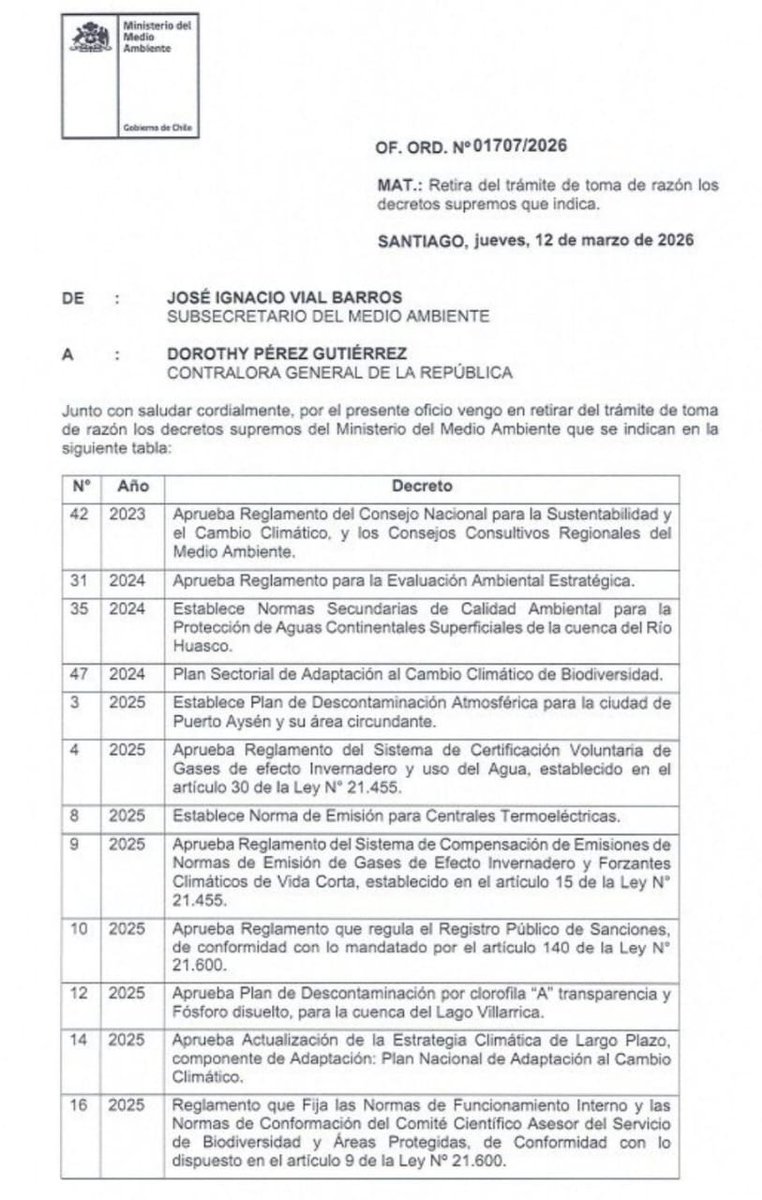jdelrio70's tweet photo. Esto es terrible para el Medio Ambiente.
El gobierno del "Chao guías ambientales", a través de su subsecretario de MA, ha determinado retirar de tramitación los Planes de Adaptación al Cambio Climático, Descontaminación, eliminar Parques Nacionales creados entre 2025 y 2026. https://t.co/NkgiC4pLpJ