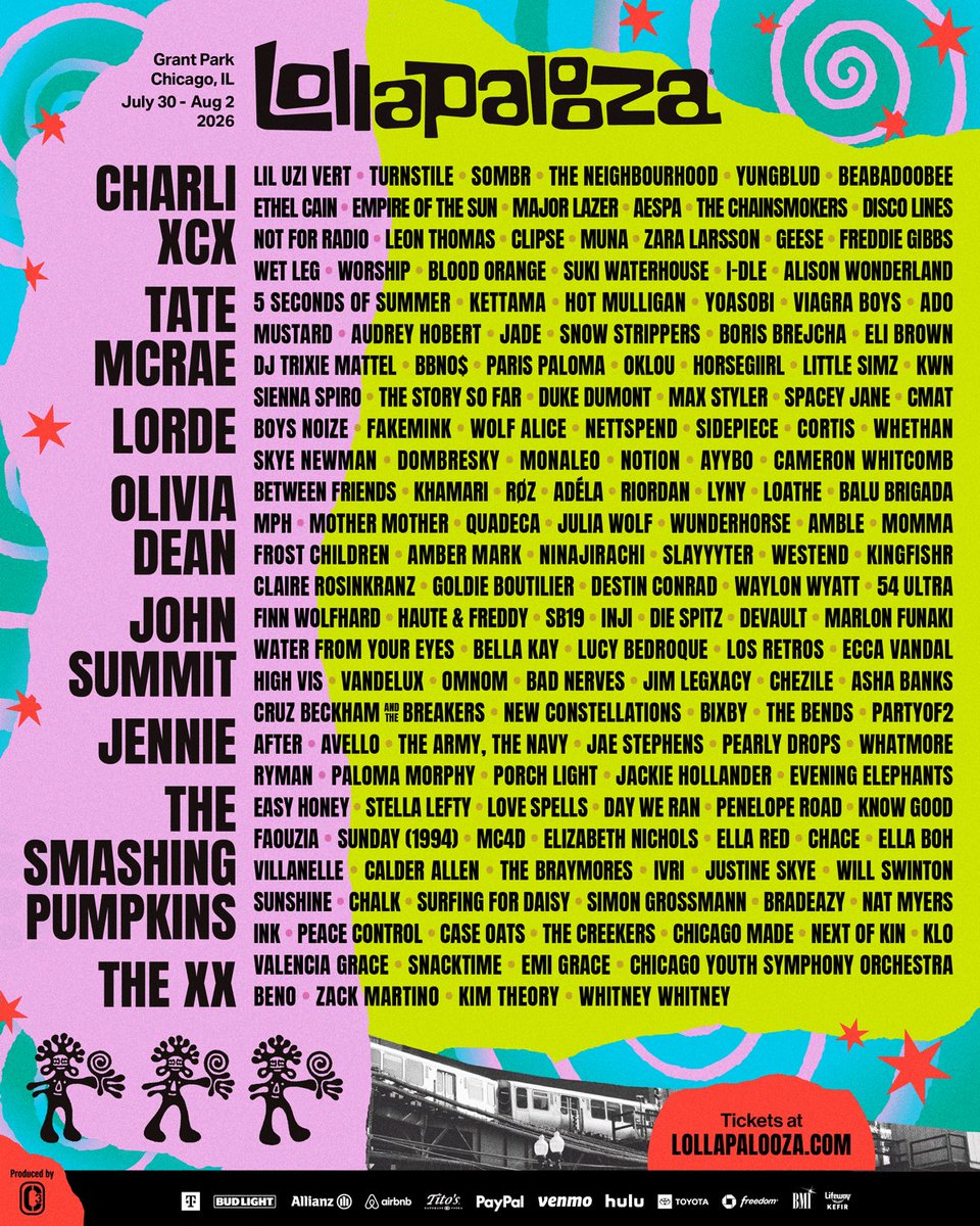 ConcertsChile's tweet image. line up lolla chicago🤩
(hay una headliner que está negociando para venir al lolla 2027)
(hablo de una que les puede gustar)
