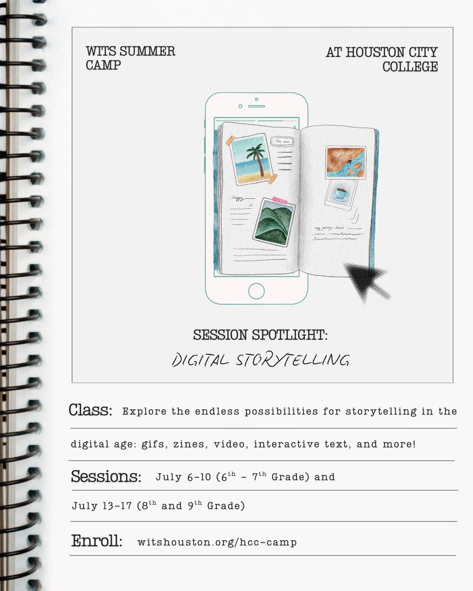 witshouston's tweet photo. Podcasting, Digital Storytelling, Essay Writing, and more to discover at WITS camp at Houston City College this summer! Weeklong camps in July, open to students grades 6-12! Enrollment is underway. See https://t.co/qRDS1NgNjn for details. 

#WITShouston #Houstonsummercamp https://t.co/WfBXUUtqVM