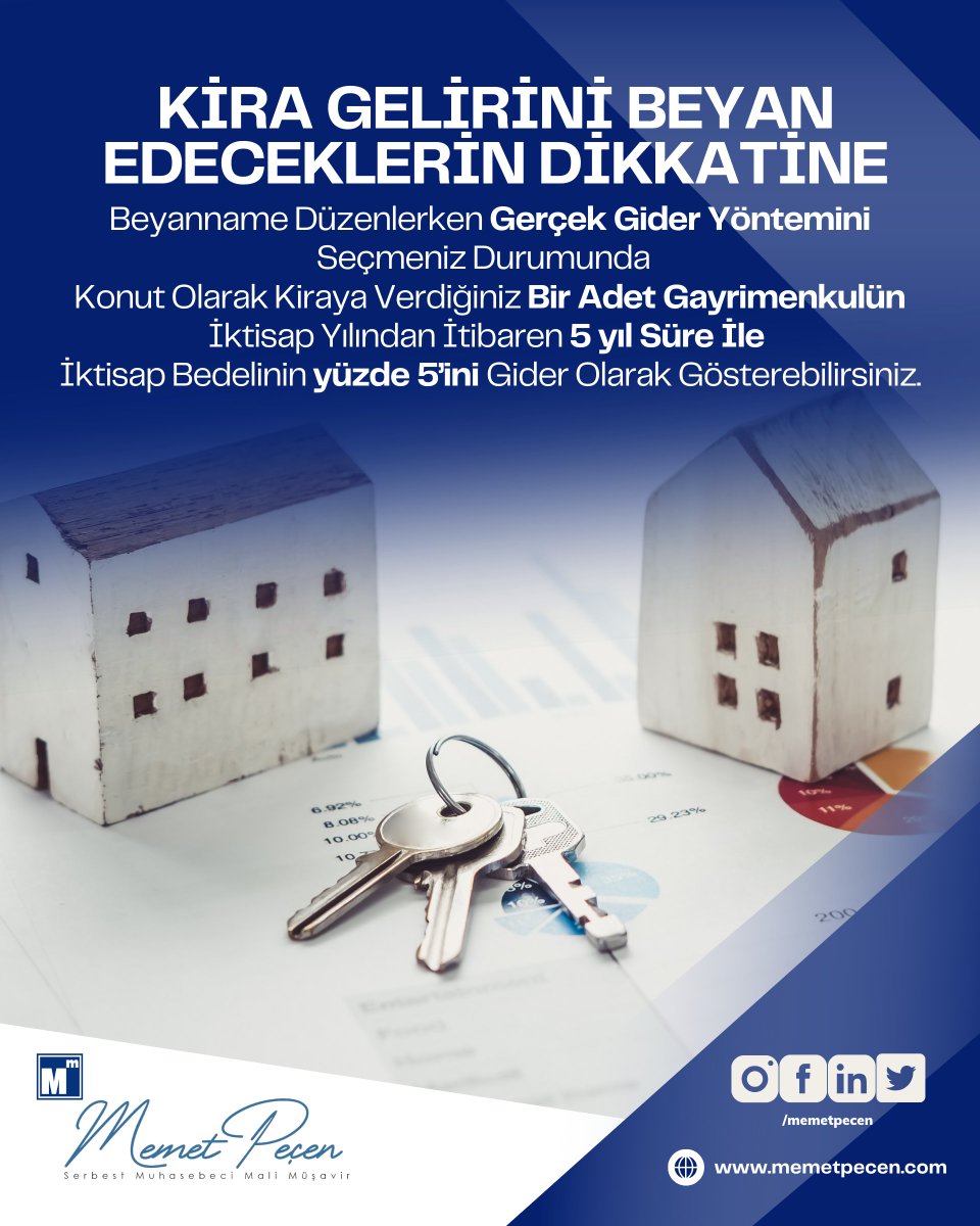mmmemet_pecen's tweet photo. Kira Gelirini Beyan Edeceklerin Dikkatine!
Beyanname Düzenlerken Gerçek Gider Yöntemini Seçmeniz Durumunda Konut Olarak Kiraya Verdiğiniz Bir Adet Gayrimenkulün İktisap Yılından İtibaren 5 yıl Süre İle İktisap Bedelinin %5’ini Gider Olarak Gösterebilirsiniz.

#antalya https://t.co/5IjOaS1aSB