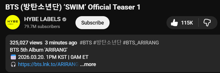 EgosShadow7's tweet photo. SWIM Official Teaser 1 received 325k views in just 3 minutes!🔥🔥 https://t.co/q9MXqyyI5p