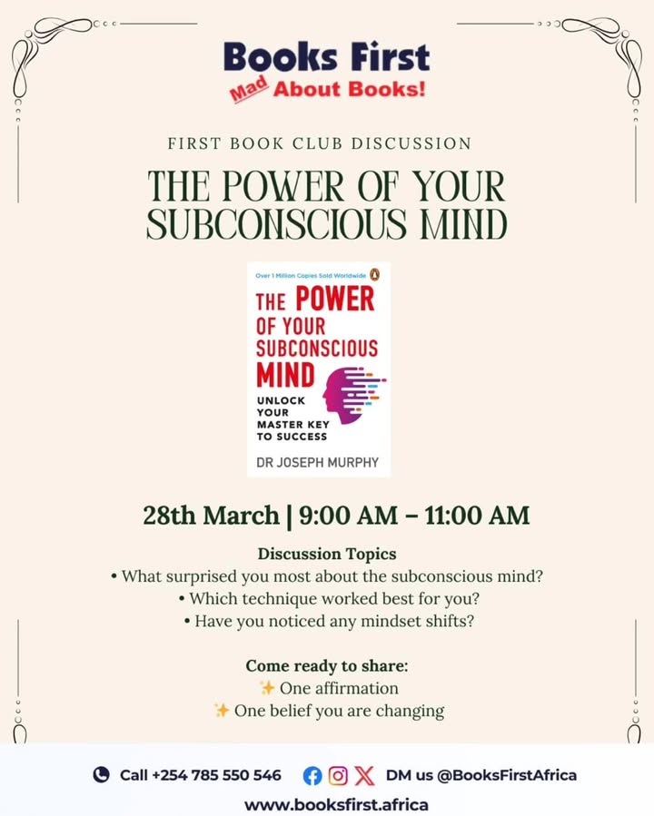 booksfirst_ke's tweet photo. March Book Club Pick 📚 The Power of Your Subconscious Mind.
This is not just a reading experience it’s a practice journey. 
Each week we will explore techniques from the book and discuss how they shape our thinking and actions.
#powerofsubconsciousmind 
#booksofthemonth https://t.co/bVyUKvhlBf