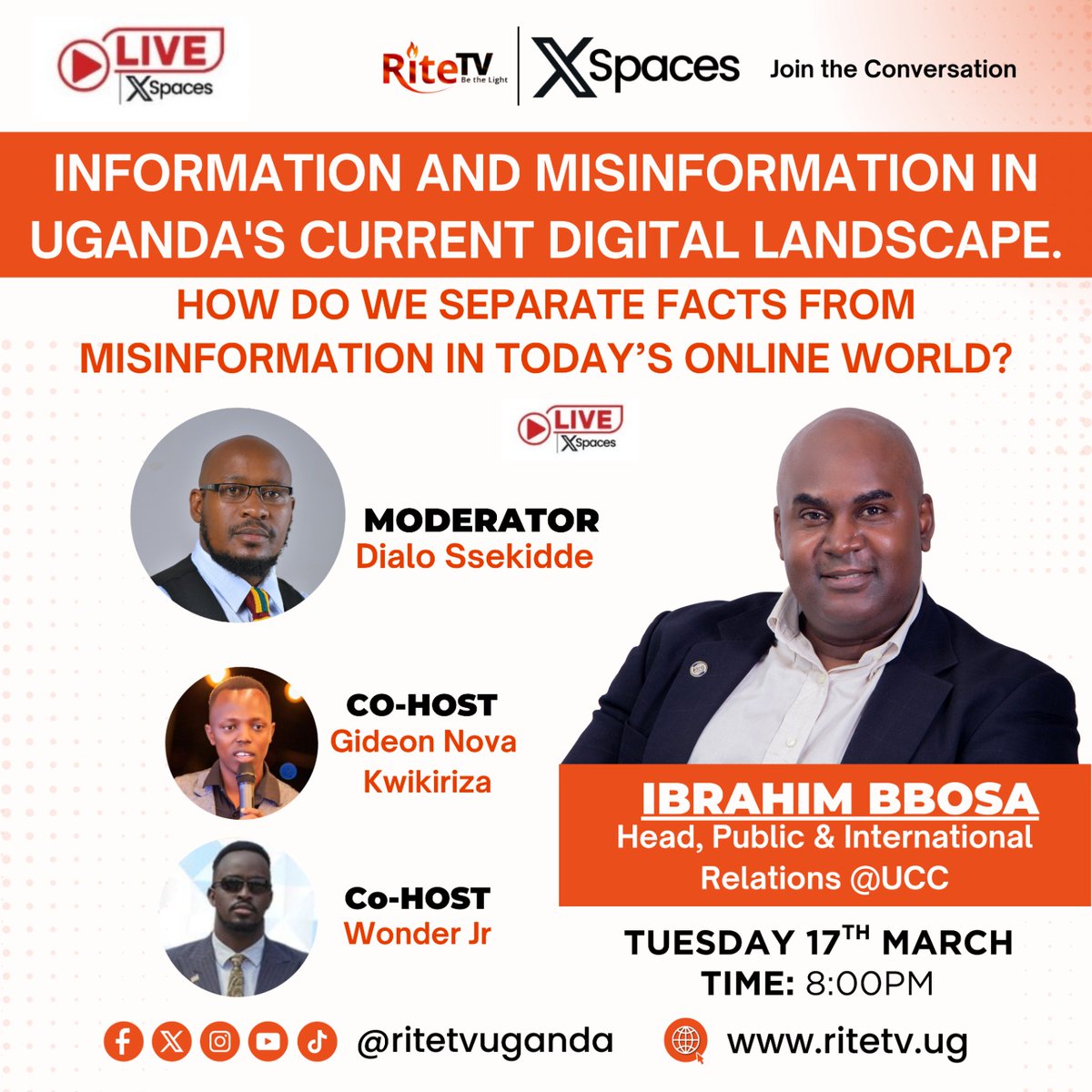 DamalieNd53457's tweet image. "🚀 Fake news or facts? 🔍 Tune in to @RiteTV's LIVE XSpaces tonight, 8 PM, as we unpack Uganda's digital wildfires with Dialo Ssekidde &amp;amp; co-hosts! #DigitalUg #Misinformation" #GoldenPosts @bbossa @UCC_Official @KagutaMuseveni @UCC_ED #GoldenPosts
