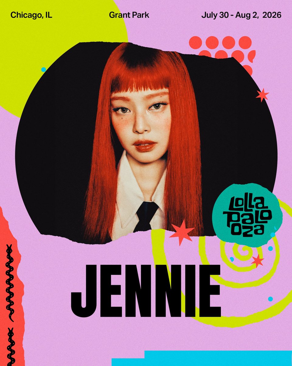 JENNIE is set to headline Lollapalooza 2026 at Grant Park in Chicago.

— She is the only K-pop act on this year’s headliner lineup.
