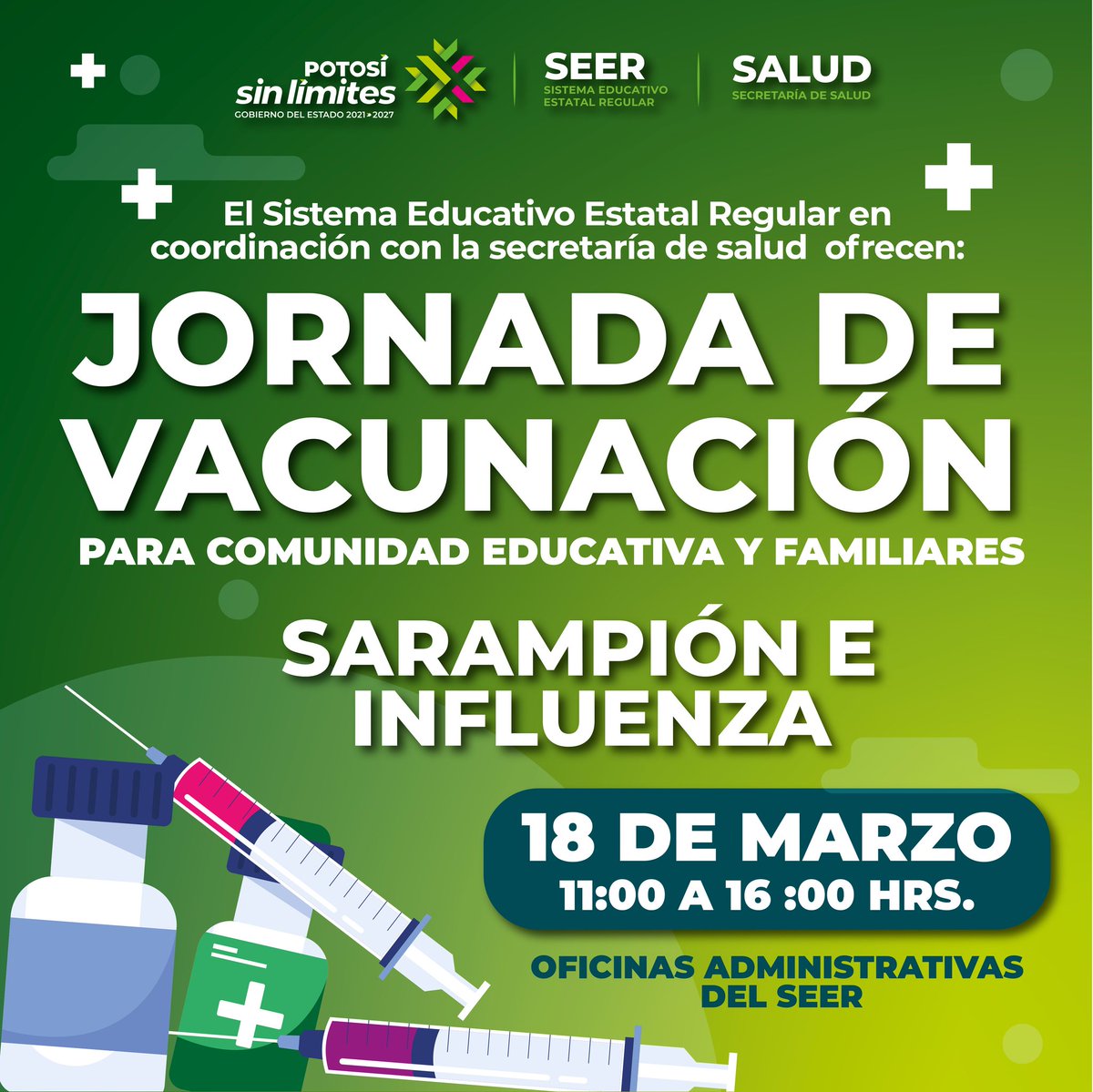 El SEER invita a participar en la Jornada de Vacunación contra sarampión e influenza.  Registrate en:  docs.google.com/forms/d/e/1FAI… #EducaciónSinLímites #RicardoGallardo #SEERSinLímites #ElCambioQueSeVive